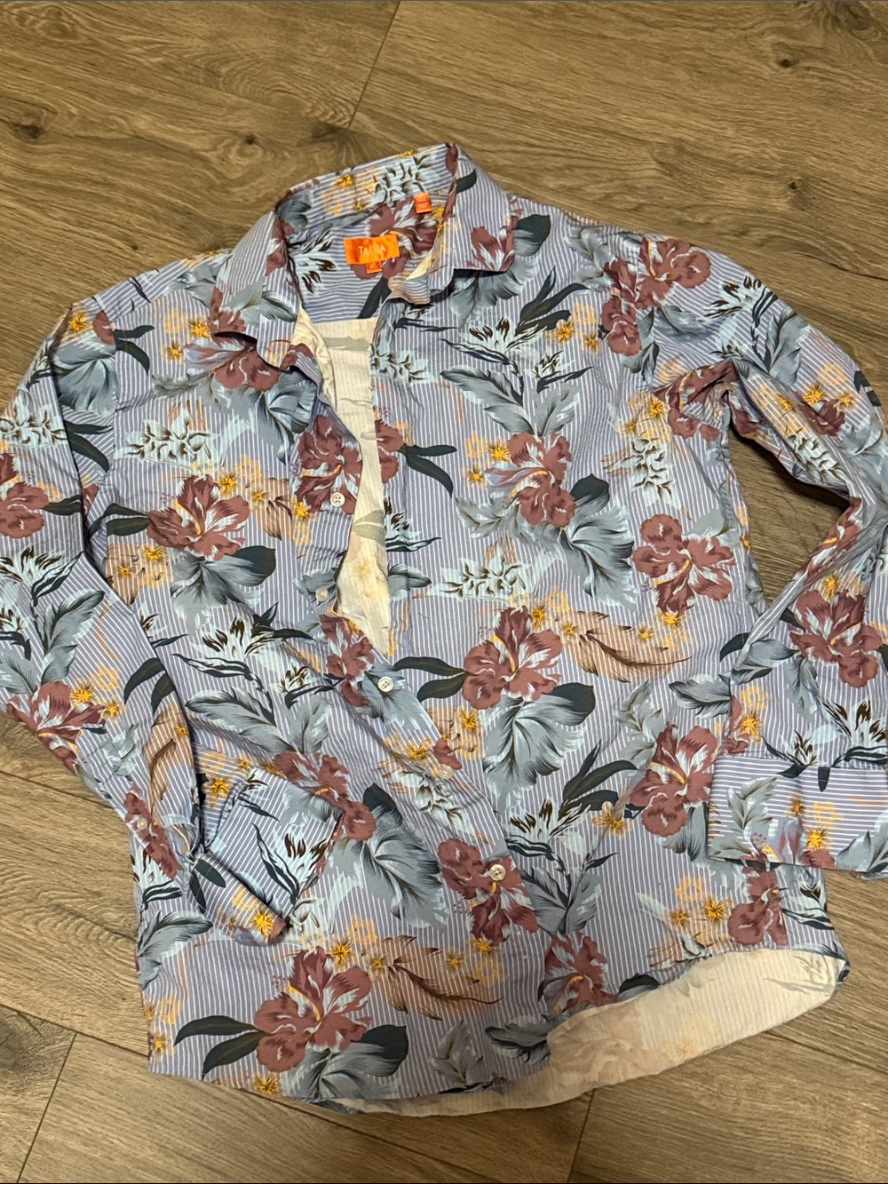 TALLIA Light Blue Striped Shirt with Mauve Floral Print